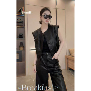 春季新款复古真皮皮衣女短款马甲无袖外套时尚休闲显瘦百搭套装