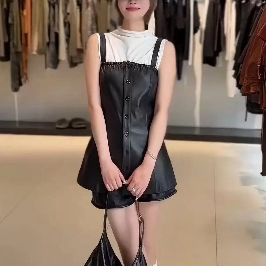 黑色真皮绵羊皮显瘦吊带背心女