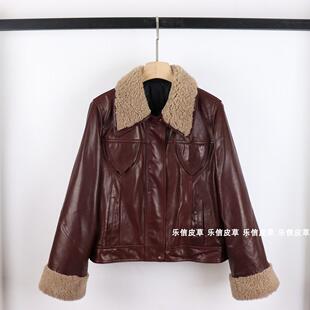 新款皮衣外套羊羔毛领机车服羽绒服2024冬女真皮绵羊皮港风油蜡皮