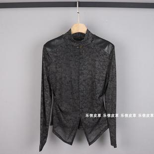 高领打底衫女士秋冬网红同款真皮绵羊皮拼接前开叉设计感百搭长袖