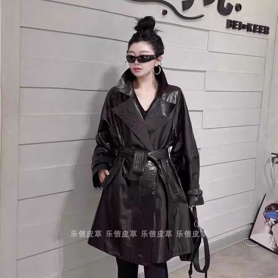 时尚新款真皮皮衣牛皮女中长款系腰带真皮风衣帅气显瘦气质外套
