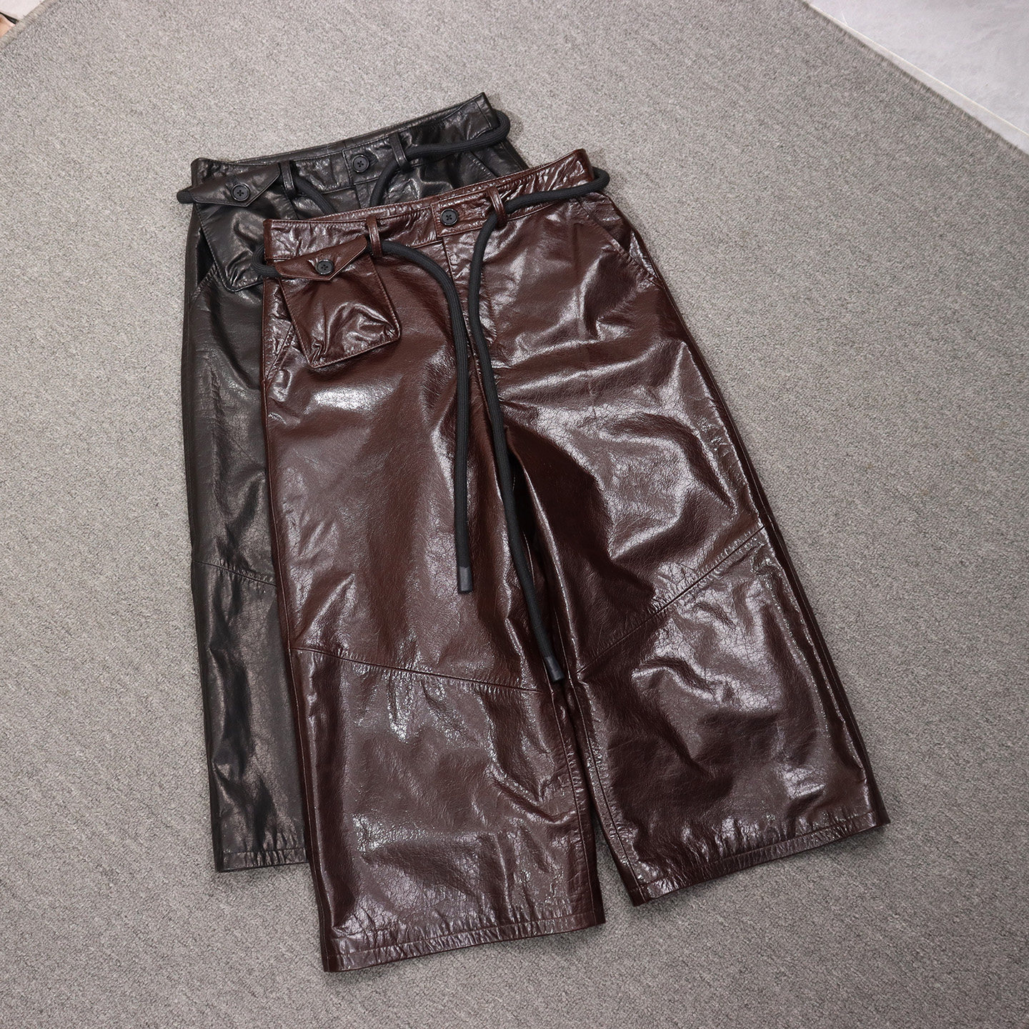 春季新款时尚百搭直筒女七分裤系带休闲裤油蜡皮高腰宽松阔腿皮裤,女装/女士精品,皮裤,淘宝优惠券,粉丝福利购,淘宝优惠卷