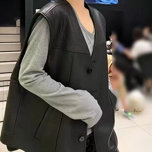 2026秋款上新黑色真皮马甲女无袖中长款修身显瘦百搭坎肩马甲