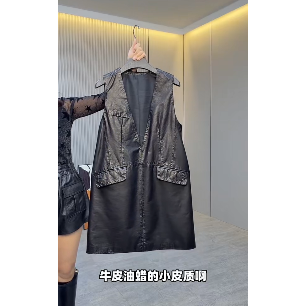 新款复古风真皮马甲裙女油蜡皮无袖背心中长款休闲百搭无袖连衣裙
