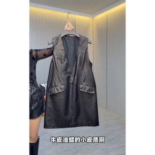 新款复古风真皮马甲裙女油蜡皮无袖背心中长款休闲百搭无袖连衣裙