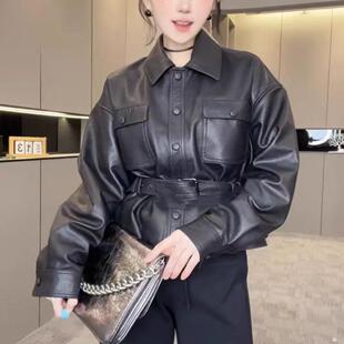 皮衣女2025早春新款欧洲站女装纯色绵羊皮单排扣收腰外套长袖上衣