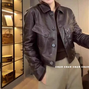 时尚2024秋新小个子高腰真皮皮衣女短款绵羊皮夹克西装外套小个子