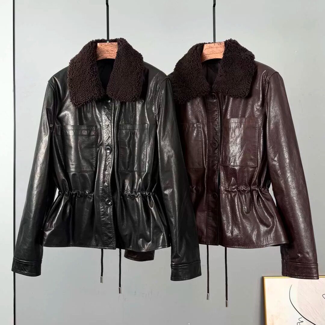 真皮羊羔毛领短款显瘦皮衣女