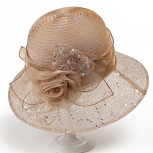气质优雅欧根纱帽子女士春夏季亮片凉帽渔夫帽百搭礼帽防晒太阳帽