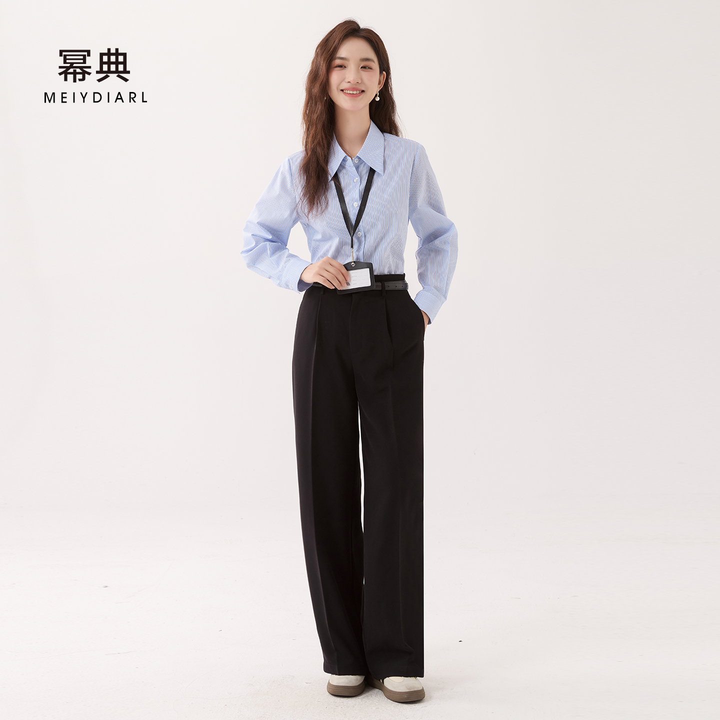 幂典蓝色条纹衬衫职业通勤衬衫