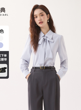 幂典蓝色蝴蝶结衬衫女长袖职业穿搭正装雪纺上衣教资面试系带衬衣