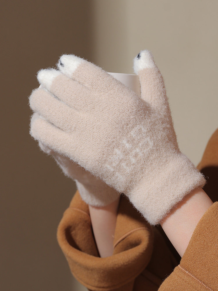 GLOVES LADIES WINTER NEW FINGER THICKENED WARM BIG KIDS CUTE STUDENT COLD WOOL TOUCHSCREEN WINTER MEN