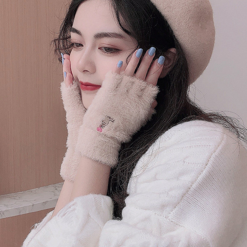 GLOVES AUTUMN AND WINTER GIRLS WRITING VELVET CUTE STUDENT WARMTH WINDPROOF COLD THICKENED COTTON HALF FINGER KOREAN VERSION OF JAPANESE