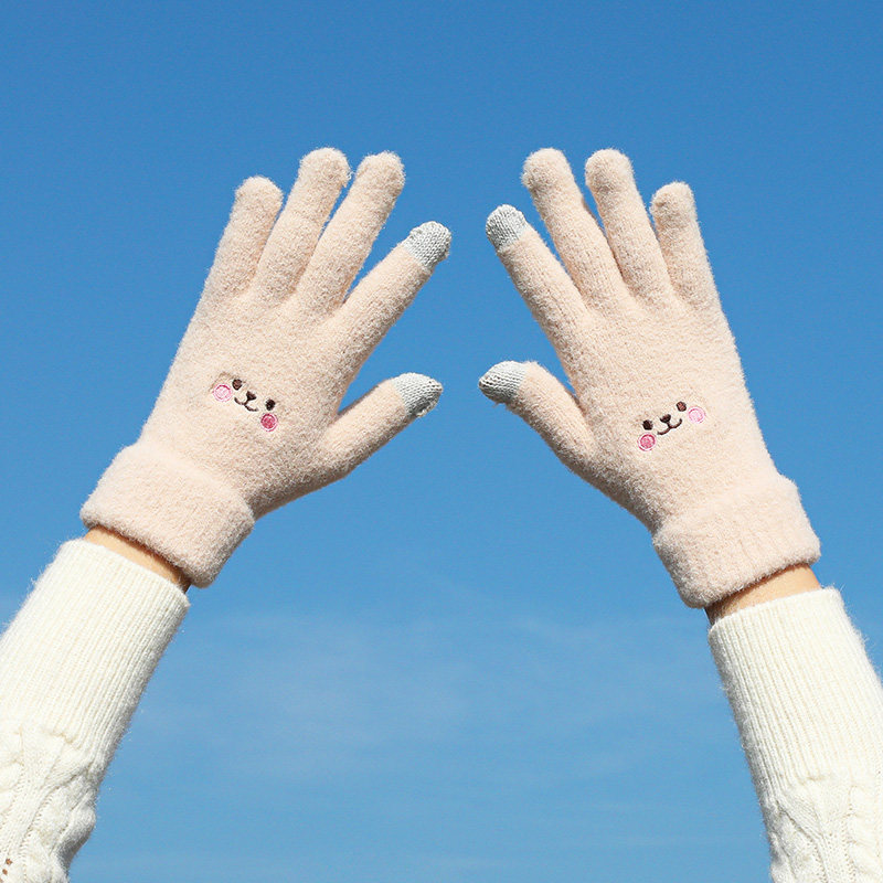 SMILEY GLOVES FOR LADIES AUTUMN AND WINTER CUTE SWEET RIDING WARM VELVET THICKENED COLDPROOF KOREAN TOUCH SCREEN COTTON GLOVES