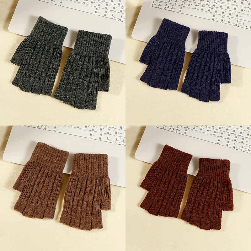HALF-FINGER GLOVES MENS WINTER WARM PLUS VELVET THICK KNITTED WOOL FINGERLESS STUDENTS WRITING RIDING AUTUMN AND WINTER MEN