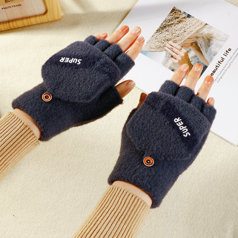 2022露指翻盖手套女冬季保暖学生可爱ins针织毛线半指可触屏冬天