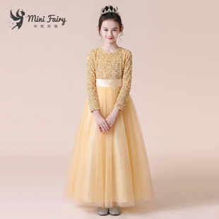 女童秋冬长袖公主裙香槟色钢琴演出服儿童元旦主持网纱蓬蓬裙礼服