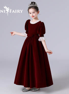 女童红色秋冬丝绒六一晚礼服儿童高端宫廷风走秀大童主持人礼服裙