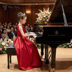 新款红色缎面儿童礼服女童无袖钢琴演出服高端晚礼服管弦乐团表演