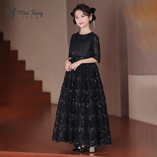 新款秋冬小提琴演出服黑色中袖儿童公主裙中大童高端定制钢琴表演