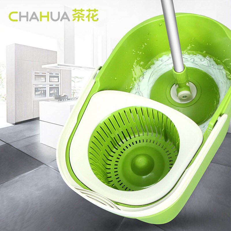 茶花旋转拖把+拖把桶套装 加厚拖布桶双驱甩洗地拖桶