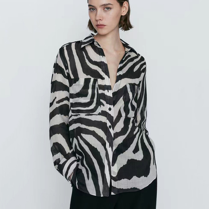 Md Women's Clothing 2023 Summer New Zebra Print Lightweight and Comfortable Ramie Texture Casual Commuting Long-Sleeve Shirt for Women