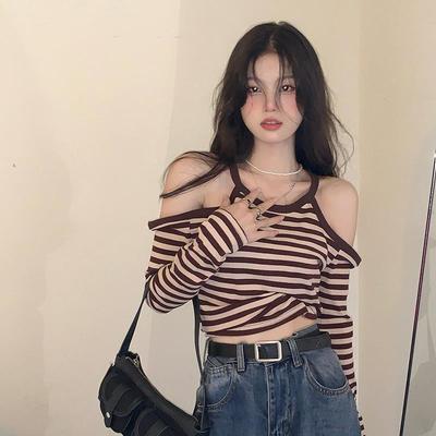 设计感露肩条纹T恤女2025秋季新款小众紧身长袖显瘦短款学生上衣