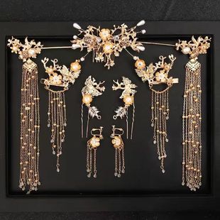 新款 秀禾婚纱头饰高级新娘结婚国风造型蓝色绒花流苏发簪 新中式