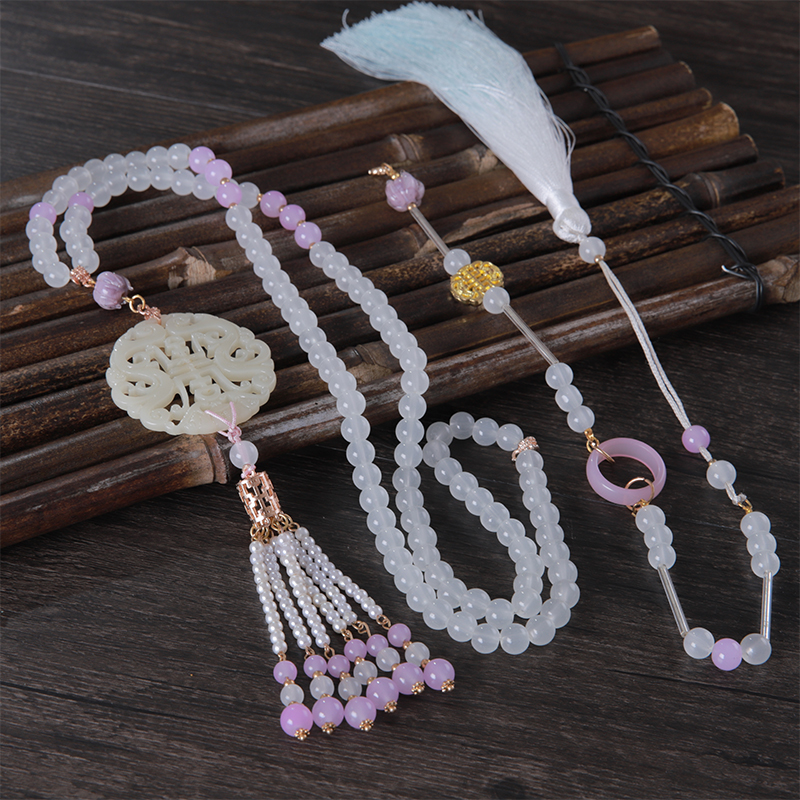 明制汉服超长流苏软璎珞项链古风马面裙配饰后坠穗子莲花压襟项圈