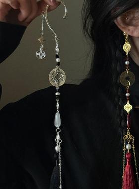 古风中国风新中式古旧铜钱长款流苏款耳挂女招财无耳洞耳环男女款
