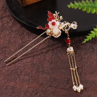 新中式流苏步摇发钗簪子古风头饰女新娘秀禾红色发簪结婚订婚发钗