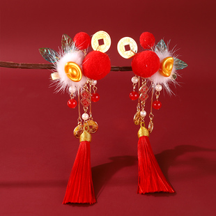 新年汉服发饰可爱红色毛球小财神流苏发夹儿童过年喜庆拜年服对夹