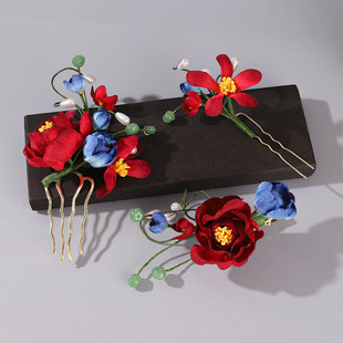 古风秀禾服旗袍晨袍造型头饰汉服配饰掐丝绒花红撞蓝色蔷薇花套装