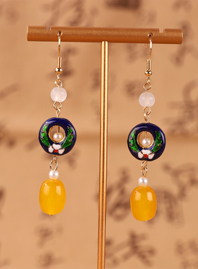新中式古风流苏耳饰黄色串珠耳环复古百搭汉服配饰中国粉气质耳坠