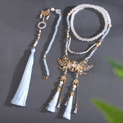 新中式国风超仙蝴蝶璎珞长背云项链超仙蓝色汉服旗袍项圈配饰女