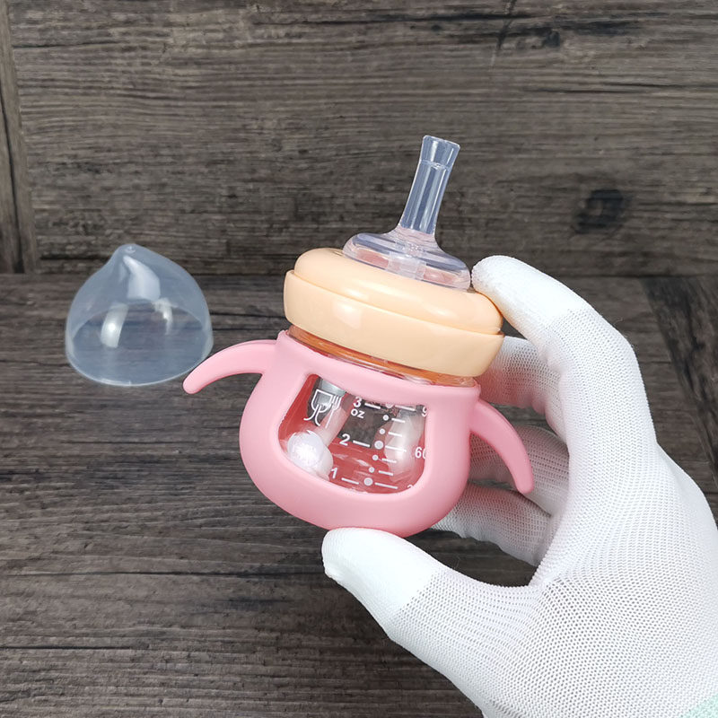 婴儿迷你小容量90ml玻璃奶瓶宝宝学习喝水宽口径吸管杯带手柄鸭嘴