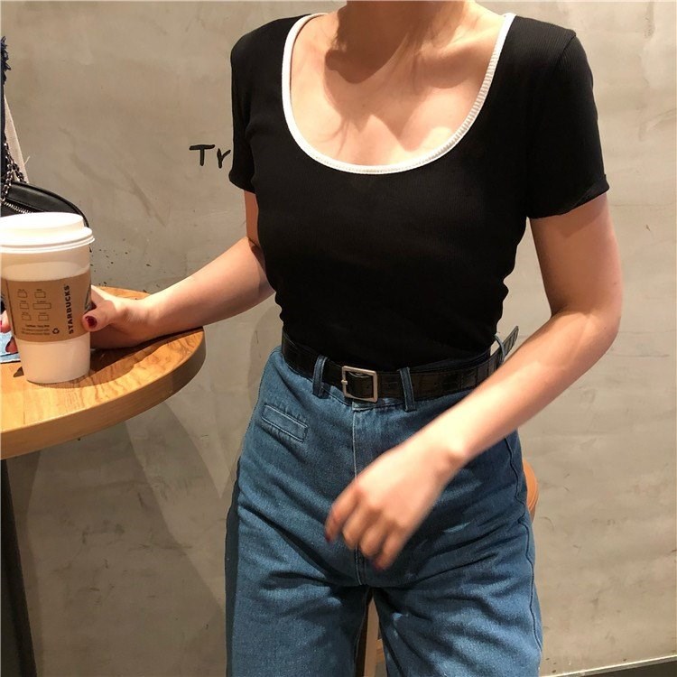 夏季女装修身ch百搭撞色边低上衣基础韩版打底大U领短袖T恤圆领