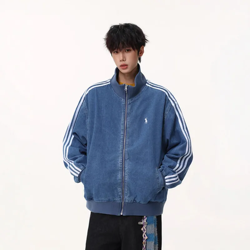 短款夹克衫棒球服上衣美式男女高级设计感三道杠条纹牛仔刺绣外套