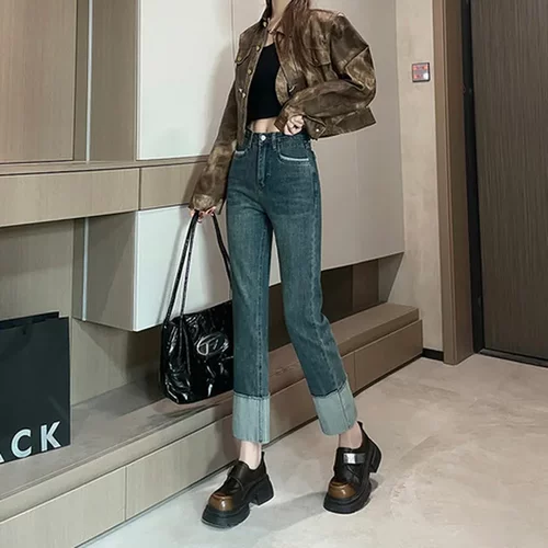 高腰卷边直筒小个子牛仔裤2025九分潮流女新款百搭显瘦春季烟管裤