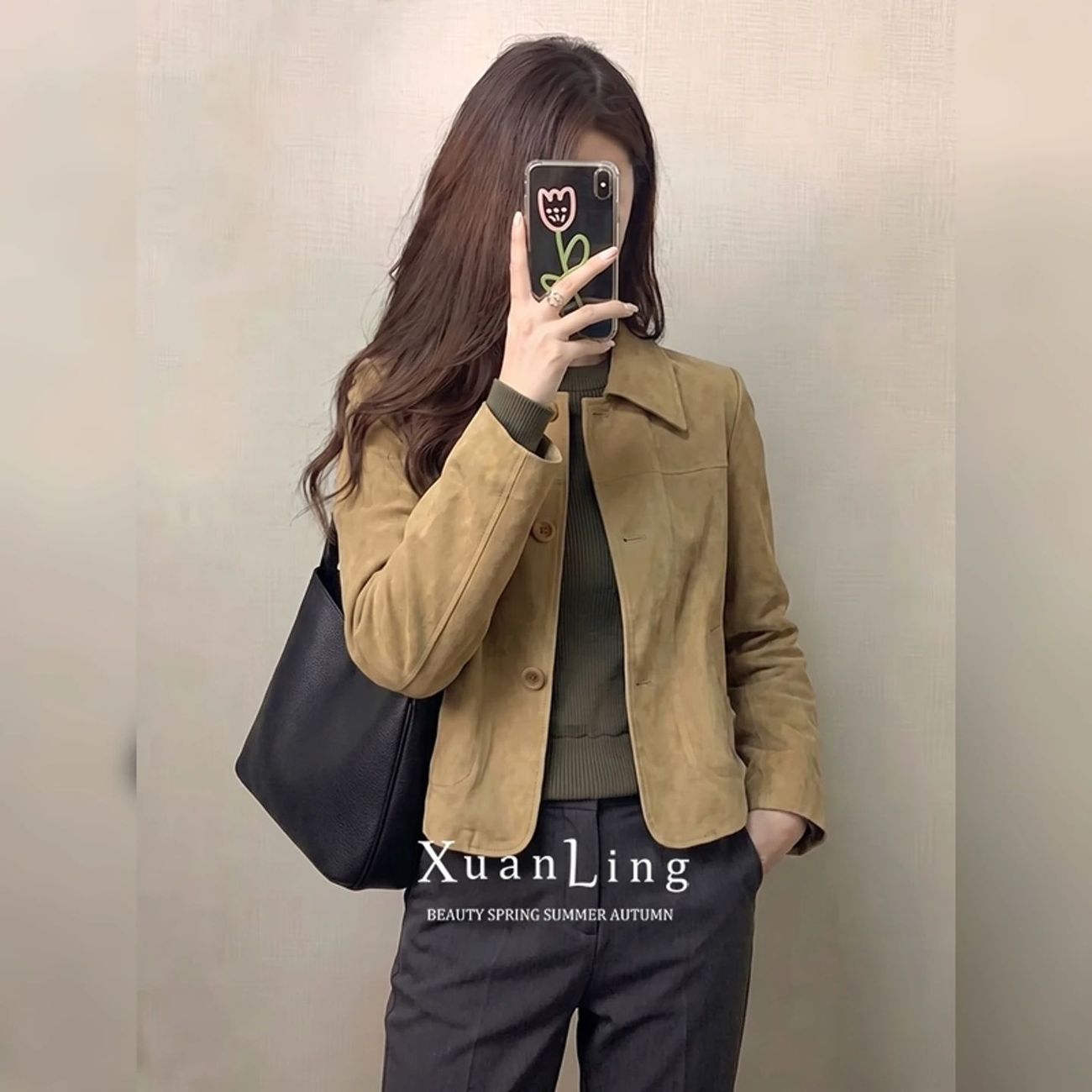 韩系复古麂皮翻领短款外套女秋季通勤夹克卡其色高级感小个子穿搭
