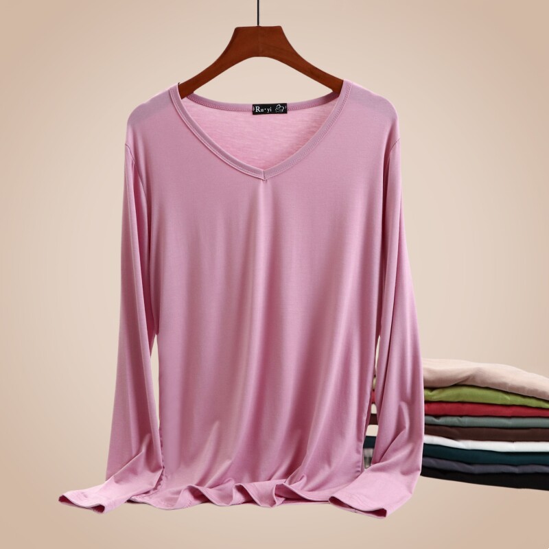 莫代尔女秋冬薄款V领长袖T恤纯色简约内搭宽松打底衫外穿秋衣上衣