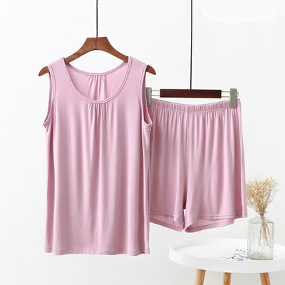 女士莫代尔宽松妈妈装睡衣睡裤套装夏季薄款背心短裤可外穿两件套