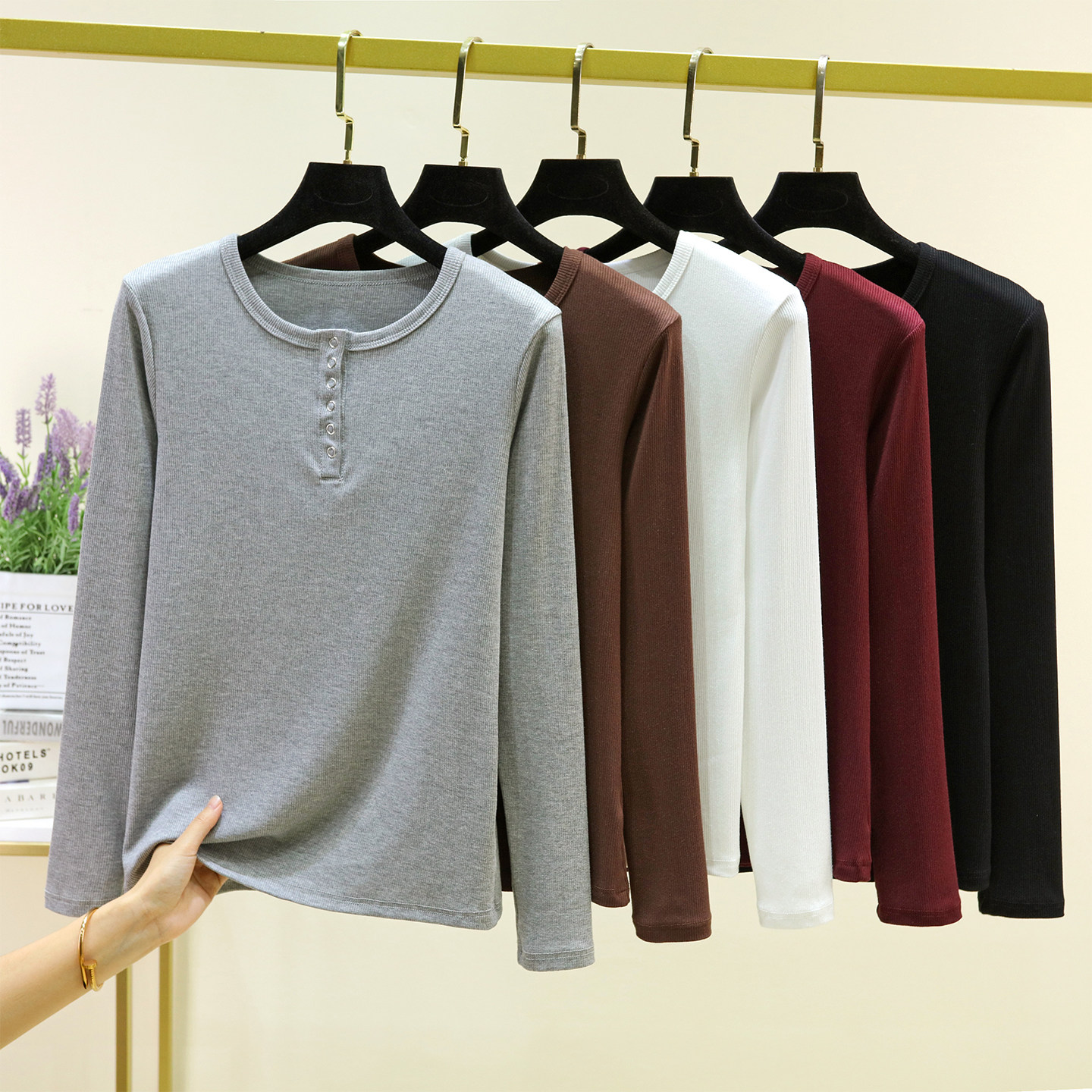 螺纹长袖T恤女士新款大码外穿设计感休闲上衣内搭纯色打底衫薄款