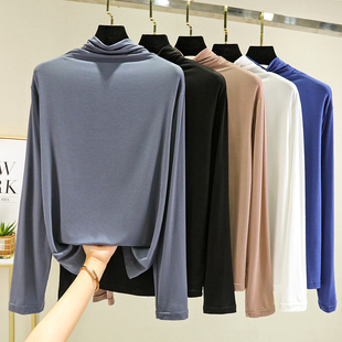 秋冬薄款莫代尔长袖T恤女显瘦半高领内搭打底衫大码秋衣纯色上衣