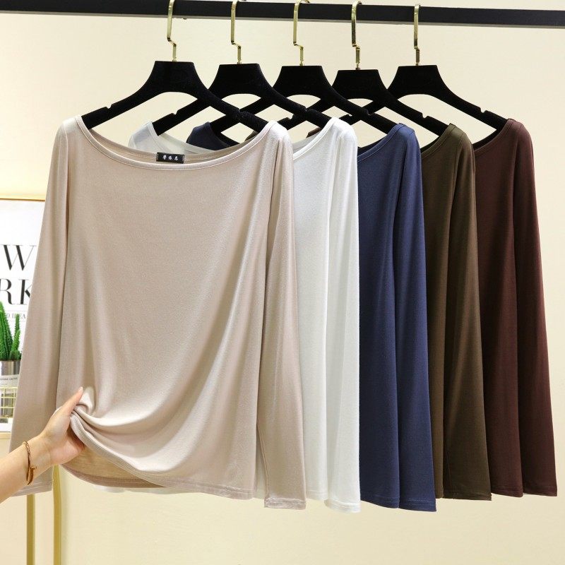 莫代尔薄款内搭打底衫一字领长袖T恤女夏季修身显瘦露锁骨上衣