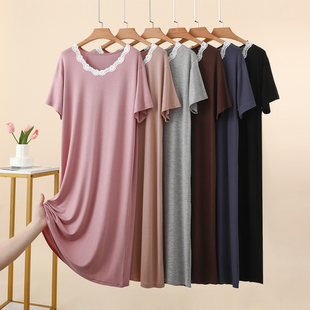 莫代尔蕾丝边宽松连衣裙女夏季 外穿A字裙内搭居家睡裙T恤裙 薄款