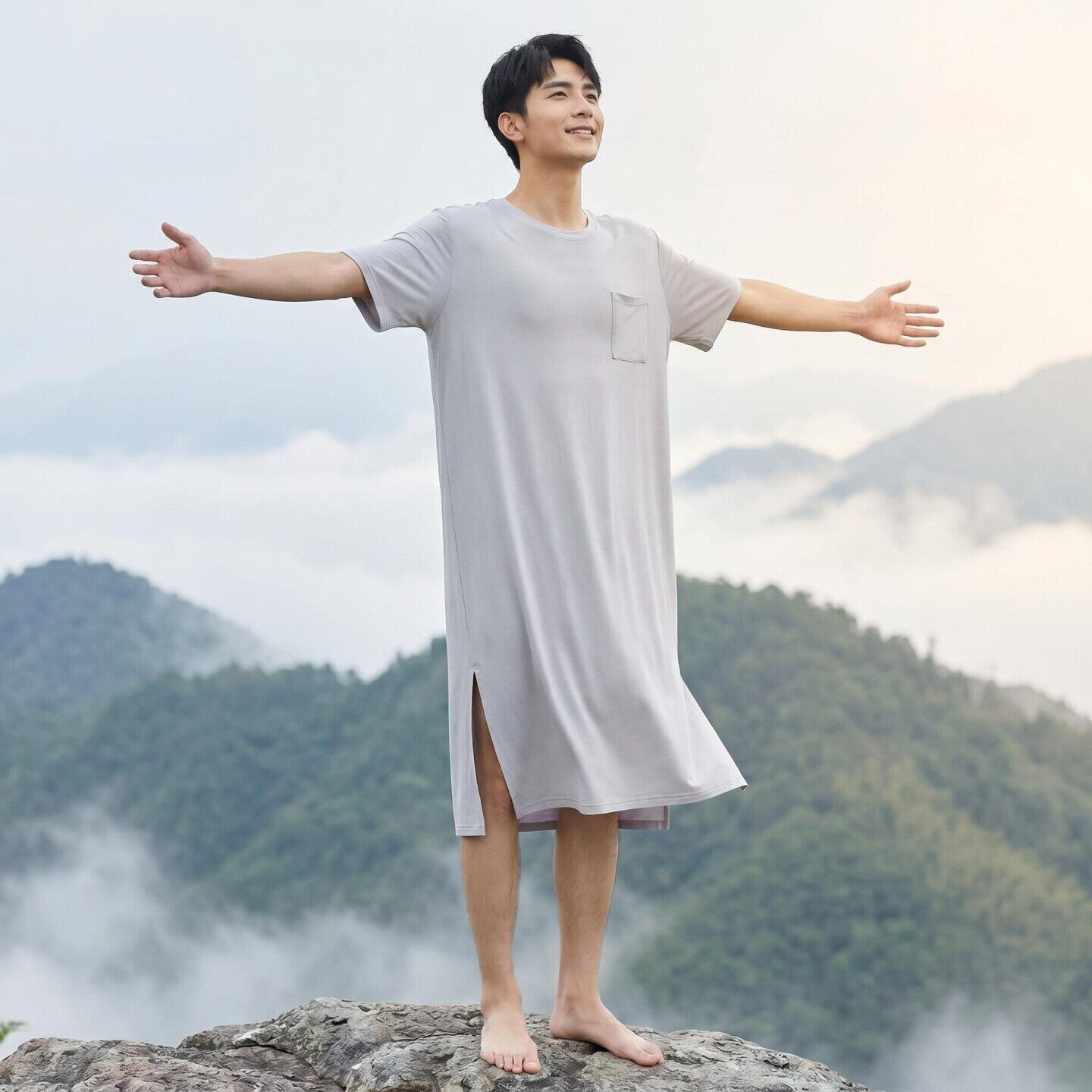 莫代尔睡衣睡袍男士夏季宽松短袖长款睡裙薄款休闲家居服浴袍晨袍