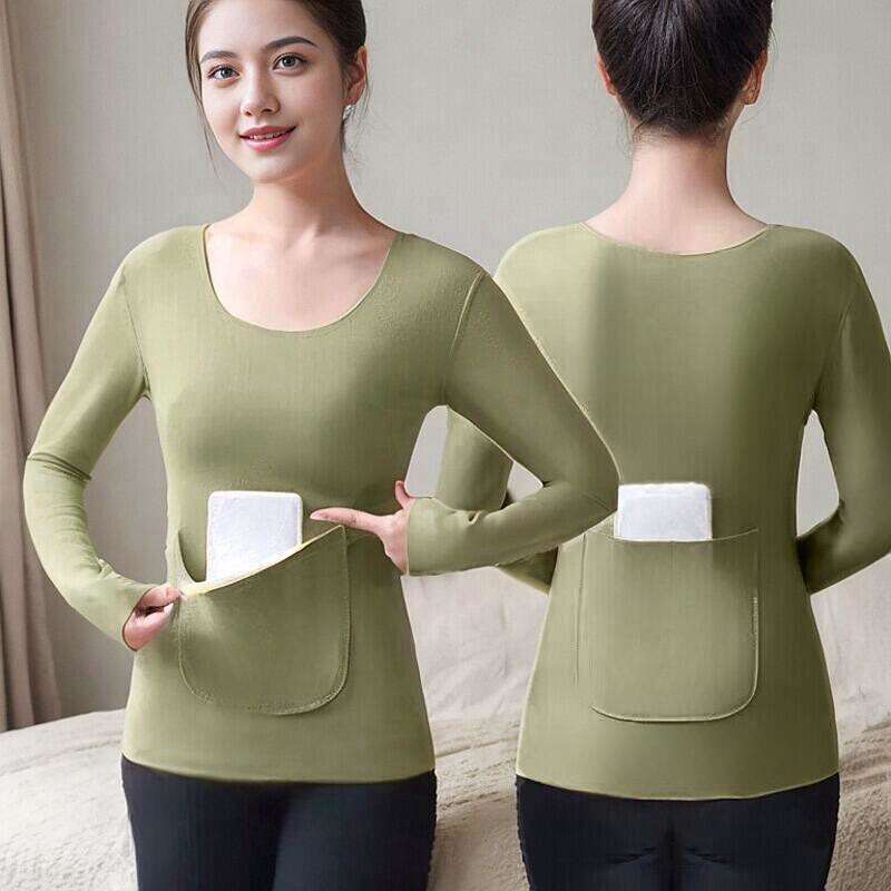 秋冬德绒发热保暖带口袋打底衫