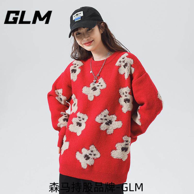 森马集团GLM小熊绣花毛衣男士秋冬季情侣针织衫套头圆领休闲新年