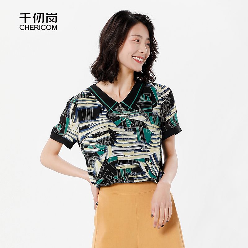 千仞岗夏季polo领休闲方领常规短袖几何时尚T恤女上衣S262287A